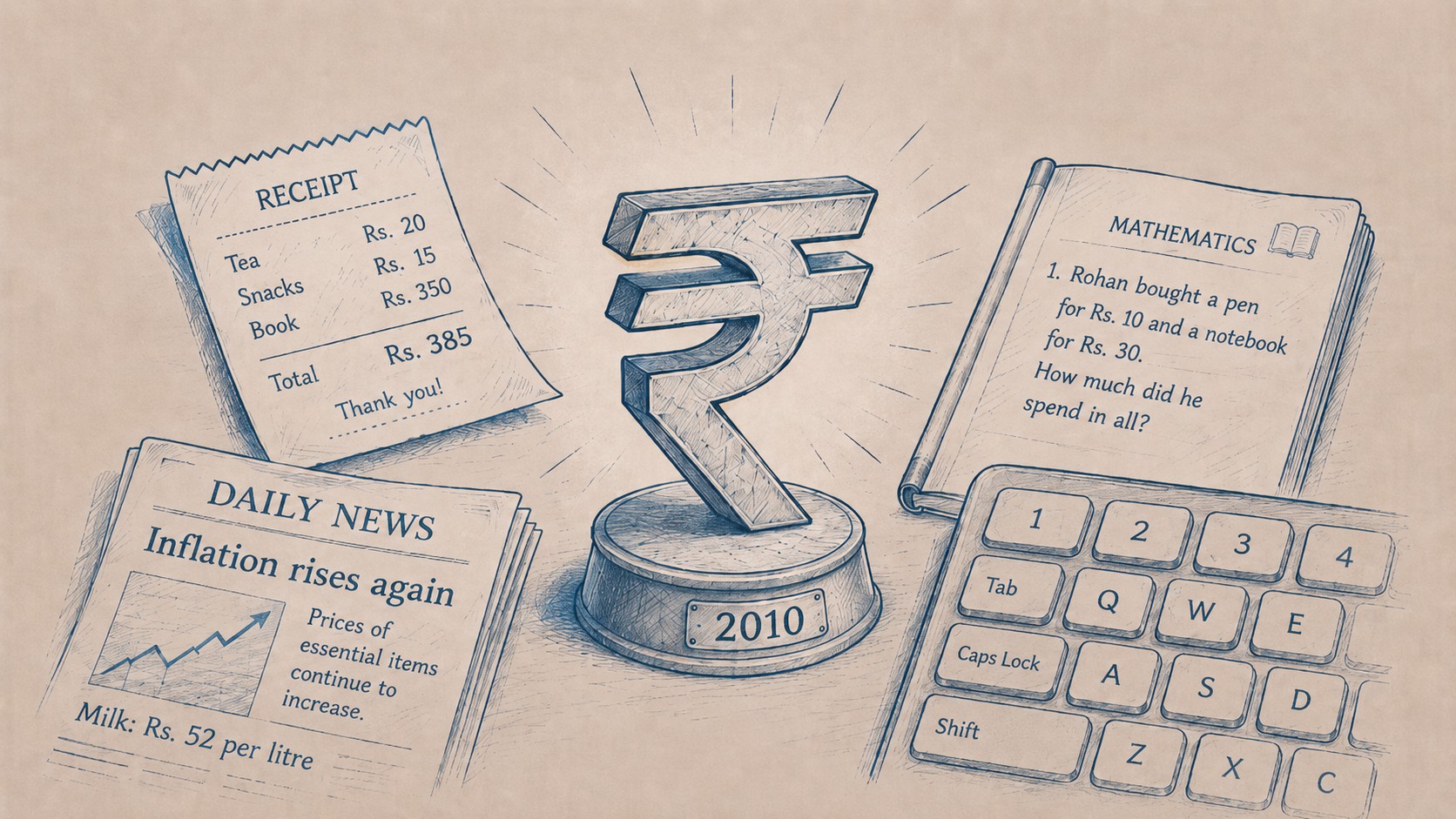 A hand-drawn editorial illustration showing a large Indian rupee symbol, ₹, on a pedestal labelled 2010, surrounded by everyday documents that still use “Rs.”: a receipt, a newspaper, and a school maths book. A partial keyboard shows the 4 key without a rupee symbol, suggesting why the official sign remains hard to type.